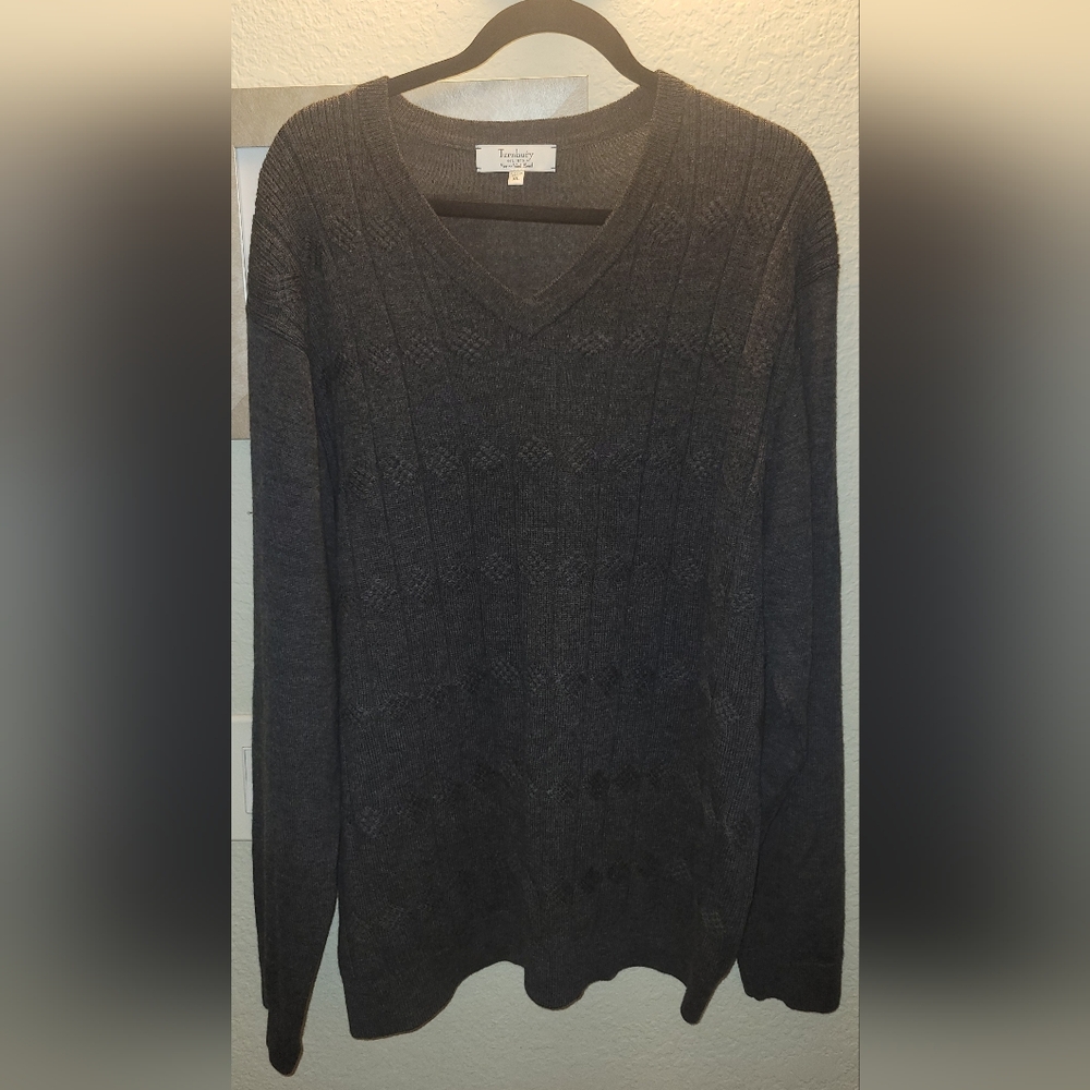 Turnbury Merino‎ Wool Blend Cable Knit V Neck Mens Sweater Charcoal Gray XL